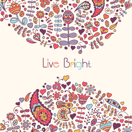 Vector card template in ornate ethnic style (doodle art) with a sample text. Soft lovely colors (violet, blue, yellow, pink) on a light tan backgroundのイラスト素材