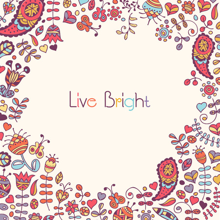 Vector frame in ornate ethnic style (doodling) with a sample text. Soft lovely colors (violet, blue, yellow, pink) on a light tan background. Can be used for packaging, invitations, decoration etcのイラスト素材