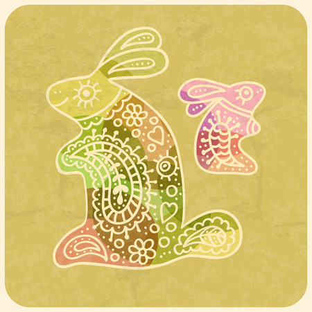 Colorful mother rabbit with their little child. Illustration in primitive ethnic style. Soft palette of natural tints(green and brown).Doodle artの写真素材