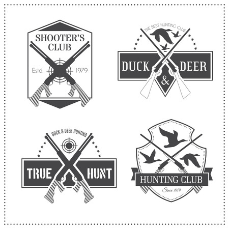Set of 4 vintage hunting emblems with a shotgun (fowlung piece). Black monochrome labels on a white background (isolated). Editable colorsのイラスト素材