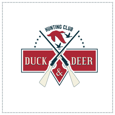 Vintage hunting emblem with a shotguns (fowlung piece). Harmonious colors (carmine, darkblue, creamy brown) on a white background (isolated). Editable colorsのイラスト素材