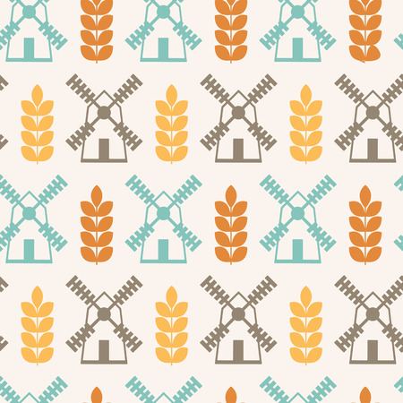 Vector seamless pattern with ears of wheat and mills (agricultural theme). Minimalistic design and harmonious colors (orange, turquoise, brown).のイラスト素材