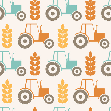 Vector seamless pattern with ears of wheat and tractors (agricultural theme). Minimalistic design and harmonious colors (orange, turquoise, brown).のイラスト素材