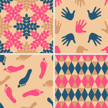 Set of simple vintage patterns (leaves, geometric, handprints, footprints). Bright colors (pink, blue and brown).のイラスト素材
