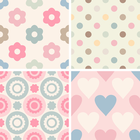 Set of simple romantic patterns (dots, geometric, flowers, hearts). Light pastel colors. Endless texture can be used for children's wear, wallpaper, web background, wrapping, packaging etc.のイラスト素材