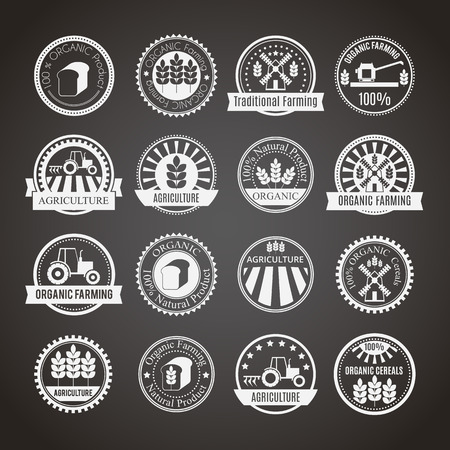 Set of 16 agricultural and farming badges (cereal cultivation, organic farming and natural healthy food). Minimalistic design. Monochrome (white round badges on a black background)のイラスト素材