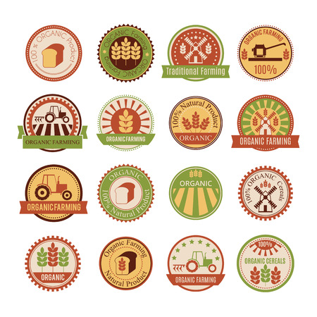 Set of 16 agricultural and farming badges (cereal cultivation - organic farming and natural healthy food). Minimalistic design and warm colors (green, yellow, brown, tan)のイラスト素材