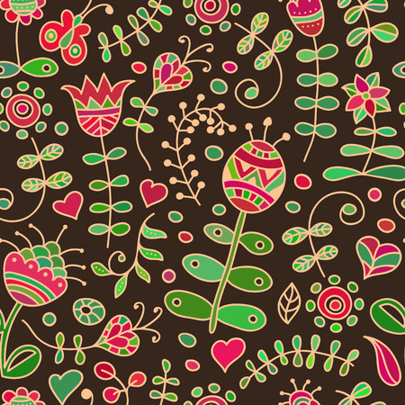 Vector seamless pattern with floral doodling design. Hand drawn flowers and branches. Cute background in primitive ethnic style. Bright colors on a dark brown backgroundのイラスト素材
