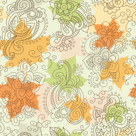Autumn seamless pattern - colorful maple leaves (yellow, orange and light green) and linear floral background. Eps 10.のイラスト素材