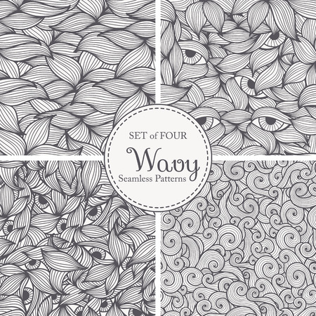 Set of Abstract seamless patterns with spirals, stylized leaves, leaves and eyes. Hand-drawn wavy style. Monochrome (black and white). Can be used for textile products, wrapping, packaging etc.のイラスト素材