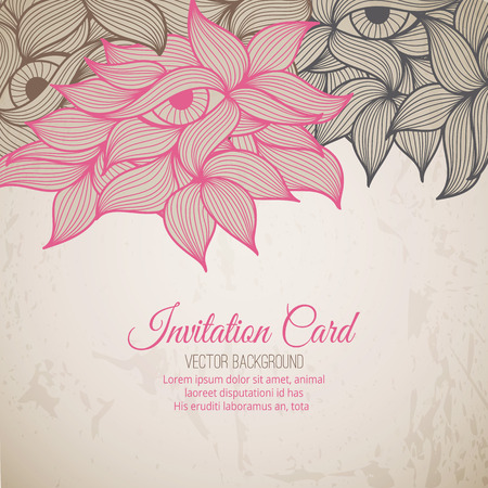 Stock vector background with wavy ornament (pink, brown and black leaves and eyes in a doodling stile). Warm saturated colors. Card template for invitations, Valentine's Day, decoration etc.のイラスト素材