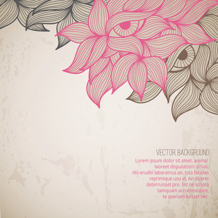 Stock vector background with wavy ornament (pink, brown and black leaves and eyes in a doodling stile). Warm saturated colors. Card template for invitations, Valentine's Day, decoration etc.のイラスト素材