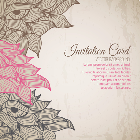 Stock vector background with wavy ornament (pink, brown and black leaves and eyes in a doodling stile). Warm saturated colors. Card template for invitations, Valentine's Day, decoration etc.のイラスト素材