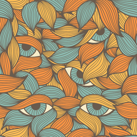 Abstract seamless pattern with orange and blue leaves and eyes. Hand-drawn wavy style. Lovely warm colors. Endless texture can be used for textile products, wrapping, packaging etc.のイラスト素材