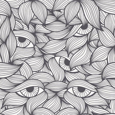 Abstract seamless patterns with stylized leaves and dolorous  eyes. Hand-drawn wavy style. Monochrome (black and white). Can be used for textile products, wrapping, packaging etc.のイラスト素材
