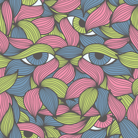 Abstract seamless pattern with face looking at you from the leaves. Hand-drawn wavy style. Lovely bright colors (green, pink, blue). Can be used for textile products, wrapping, packaging etc.のイラスト素材