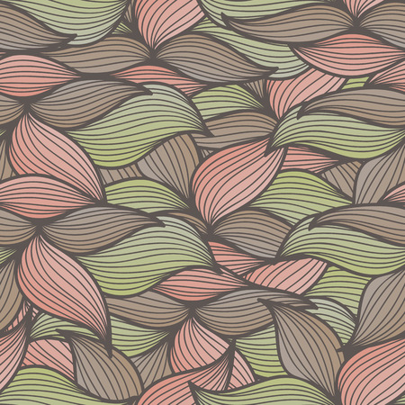 Abstract seamless pattern with stylized leaves. Hand-drawn wavy style. Lovely muted colors (pink, brown, green). Endless texture can be used for textile products, wrapping, packaging etc.のイラスト素材