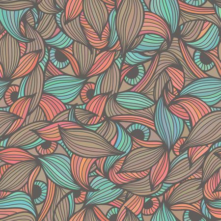 Abstract seamless pattern with leaves and eyes. Hand-drawn wavy style. Lovely muted colors (red, brown, blue). Endless texture can be used for textile products, wrapping, packaging etc.のイラスト素材
