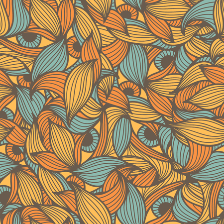 Abstract seamless pattern with orange and blue leaves and eyes. Hand-drawn wavy style. Lovely warm colors. Endless texture can be used for textile products, wrapping, packaging etc.のイラスト素材