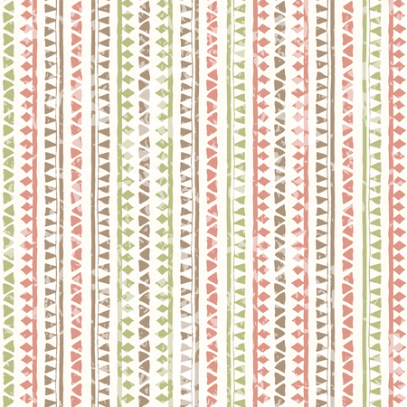 Hand drawn tribal seamless pattern with vertical geometric ornament. Ethnic style. Soft colors (pink, brown, green) and a grunge textureのイラスト素材