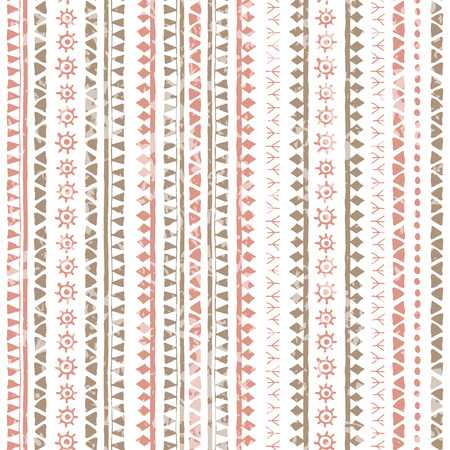 Hand drawn tribal seamless pattern with vertical geometric ornament. Ethnic style with ancient symbols of the sun, triangles and runes. Soft colors (pink, brown) and a grunge textureのイラスト素材