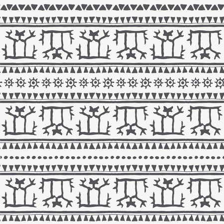 Hand drawn tribal seamless pattern with a stylized man and geometric ornament (triangles, archaic symbols of the sun). Monochrome. Every border also posible use separately as an endless border.のイラスト素材