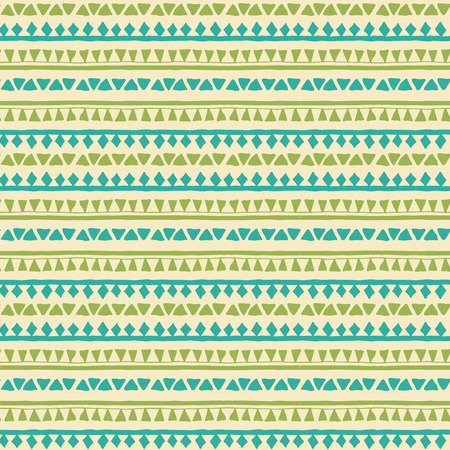 Hand drawn tribal seamless pattern with geometric ornament (triangles). Fresh ethnic colors (green, blue).のイラスト素材