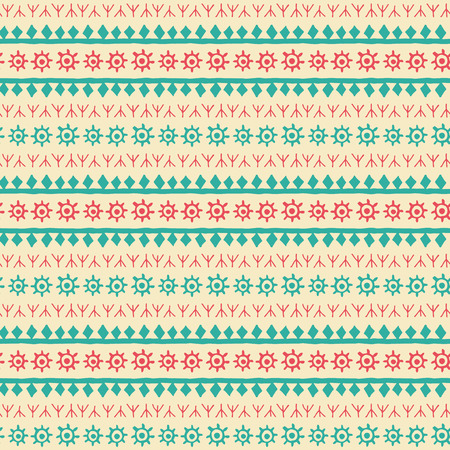 Hand drawn tribal seamless pattern with geometric ornament (archaic sun symbol, runes). Fresh ethnic colors (red, blue).のイラスト素材