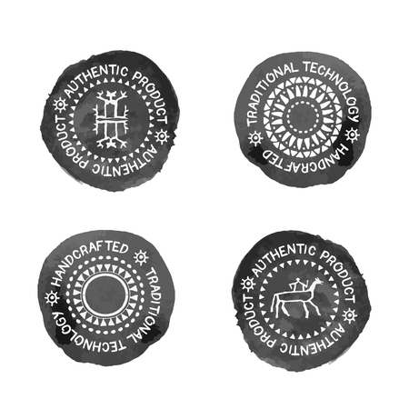 Set of 4 Badges for traditional  (authentic, handcrafted) products. Original design (stylized black stamp with a white text and tribal style signs). Monochromeのイラスト素材