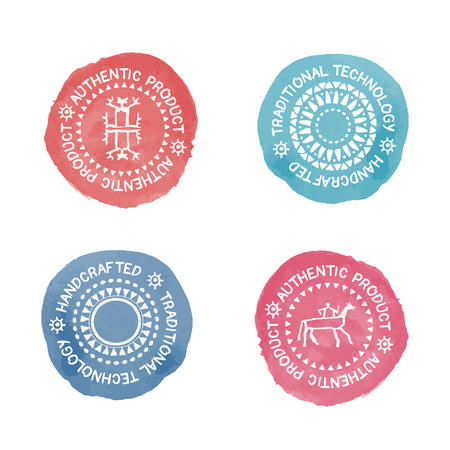 Set of 4 colorful Badges for traditional  (authentic, handcrafted) products. Original design (stylized stamp with a white text and tribal style signs). Easy to recolorのイラスト素材