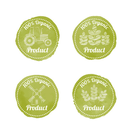 Set of 4 green AGRICULTURAL Badges for organic (natural) products. Original design (stylized olive green stamp with a white text and scribble style pictures).のイラスト素材