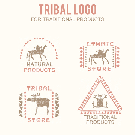 Set of 4 tribal badges (traditional and natural products, ethnic and tribal store). Hand drawn ethnic style with stylized figures (man, rider, moose) and a grunge texture. Soft colors (pink, brown)のイラスト素材