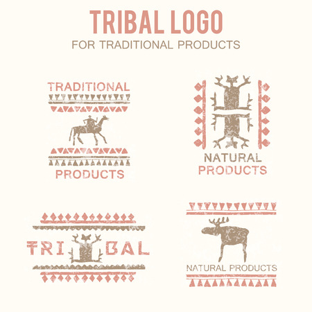 Set of 4 tribal badges (traditional and natural products, ethnic and tribal store). Hand drawn ethnic style with stylized figures (man, rider, moose) and a grunge texture. Soft colors (pink, brown)のイラスト素材