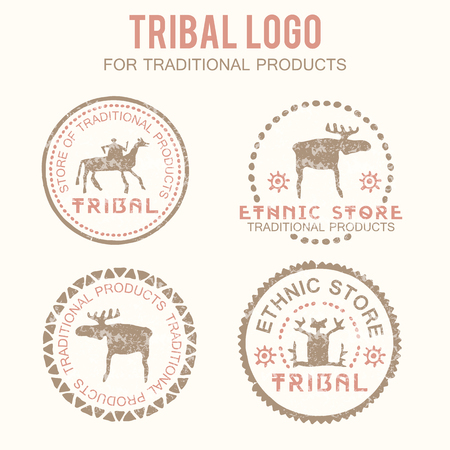 Set of 4 tribal badges (traditional and natural products, ethnic and tribal store). Hand drawn ethnic style with stylized figures (man, rider, moose) and a grunge texture. Soft colors (pink, brown)のイラスト素材