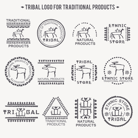 Set of 12 tribal badges (traditional and natural products, ethnic and tribal store). Monochrome (black round badges on a white). Hand drawn ethnic style with stylized figures (man, rider, moose).のイラスト素材