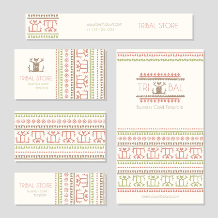Set of business card templates with a stylized human figure (as a logo) and tribal geometric pattern. Ethnic style design. Soft color palette (red, brown, green)のイラスト素材