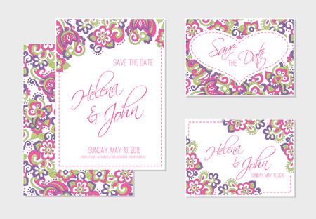 Set of wedding card templates (save the date, RSVP) with bright floral background (pink and violet flowers in doodling stile) and a sample text. Lovely saturated colors.のイラスト素材