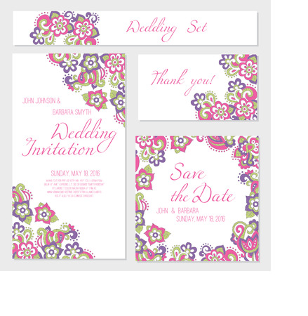 Set of wedding card templates (invitation, thank you card, save the date, RSVP) with bright floral background (pink and violet flowers in doodling stile) and a sample text. Lovely saturated colors.のイラスト素材
