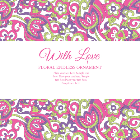 Stock vector background with endless floral ornament (bright pink and violet flowers in doodling stile). Lovely saturated colors. Card template for invitations, Valentine's Day, decoration etc.のイラスト素材