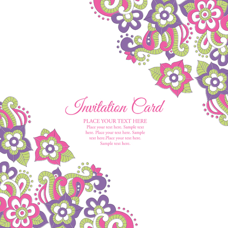 Stock vector background with floral ornament (bright pink and violet flowers in doodling stile). Lovely saturated colors. Card template for invitations, Valentine's Day, decoration etc.のイラスト素材