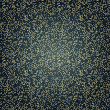 Vector pattern with ornate floral background. Elegant darl blue linear ornament with effect of glowingのイラスト素材