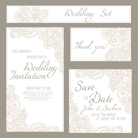 Set of wedding, invitation or anniversary cards with romantic floral background and sample text. Subtle pastel tints and elegant linear ornament.のイラスト素材