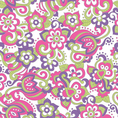 Seamless pattern with bright pink and violet flowers and green leaves in doodling style. Lovely saturated colorsのイラスト素材