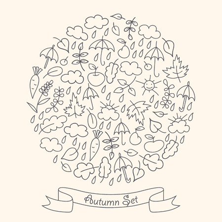 Set of cute autumn pictures in a childish style.  Black contour images. Its possible to move and edit every single detail in template to create your own design.のイラスト素材