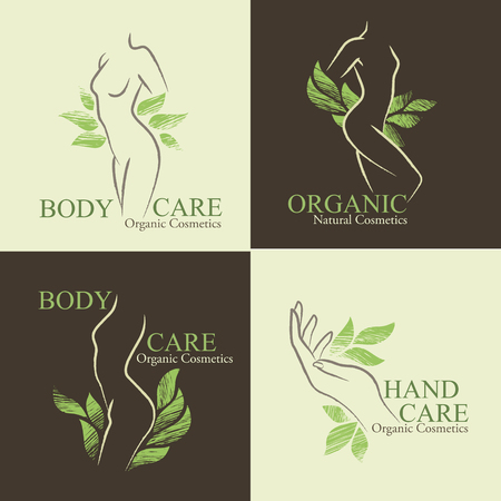 Set of four natural (organic) cosmetics emblems. Handdrawn design elements with contoured woman shapes decorated by green leavesのイラスト素材