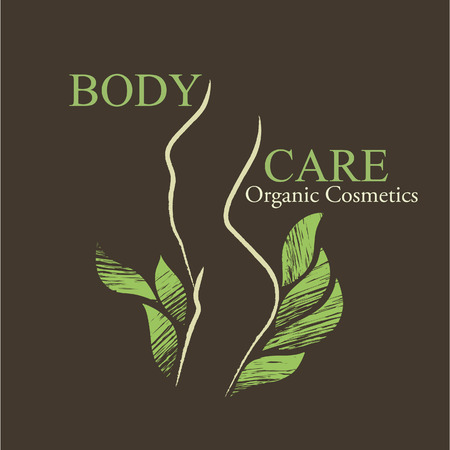 Organic Cosmetics Design elements with contoured woman's silhouette and handdrawn green leavesのイラスト素材