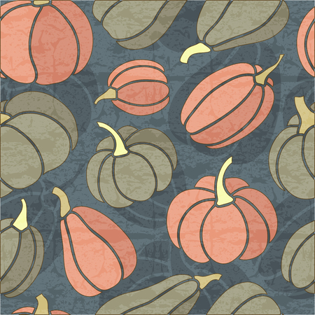 Halloween simless pattern with dark grey and pink pumpkins on a dark blue background. Desaturated dark colors. Endless texture can be used for wrapping, packaging etc.のイラスト素材