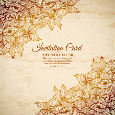 Stock vector background with floral ornament (bright yellow and dark red leaves and eyes in a doodling stile). Warm saturated colors.のイラスト素材