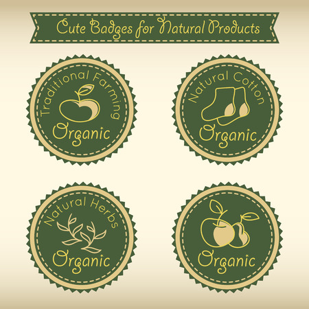 Set of cute badges for natural product (traditional farming, natural cotton, natural herbs, organic farming, natural healthy food). Dark green round badges with funny pictures in cartoon styleのイラスト素材