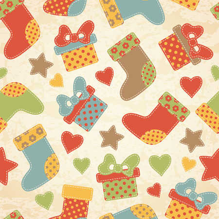 Childish Christmas seamless pattern with colorful stockings and  gifts decorated by stars, hearts and inscriptions. Hand-sewn style elements with white seams. Light brown grunge background.のイラスト素材